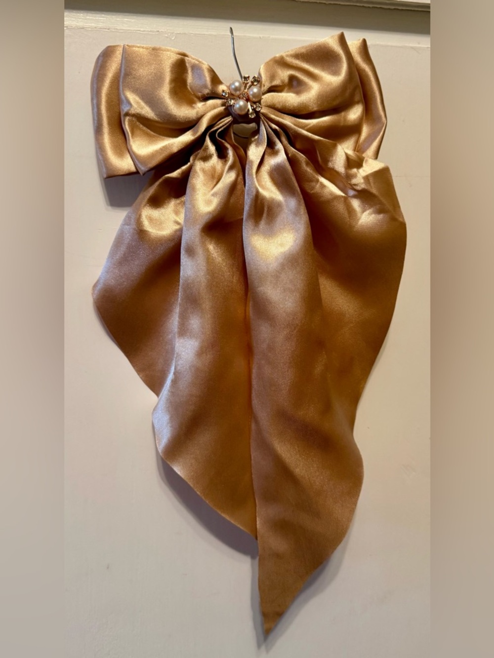 Satin Bow with Long Tails and Faux Pearl Jeweled Center - Gold Tone